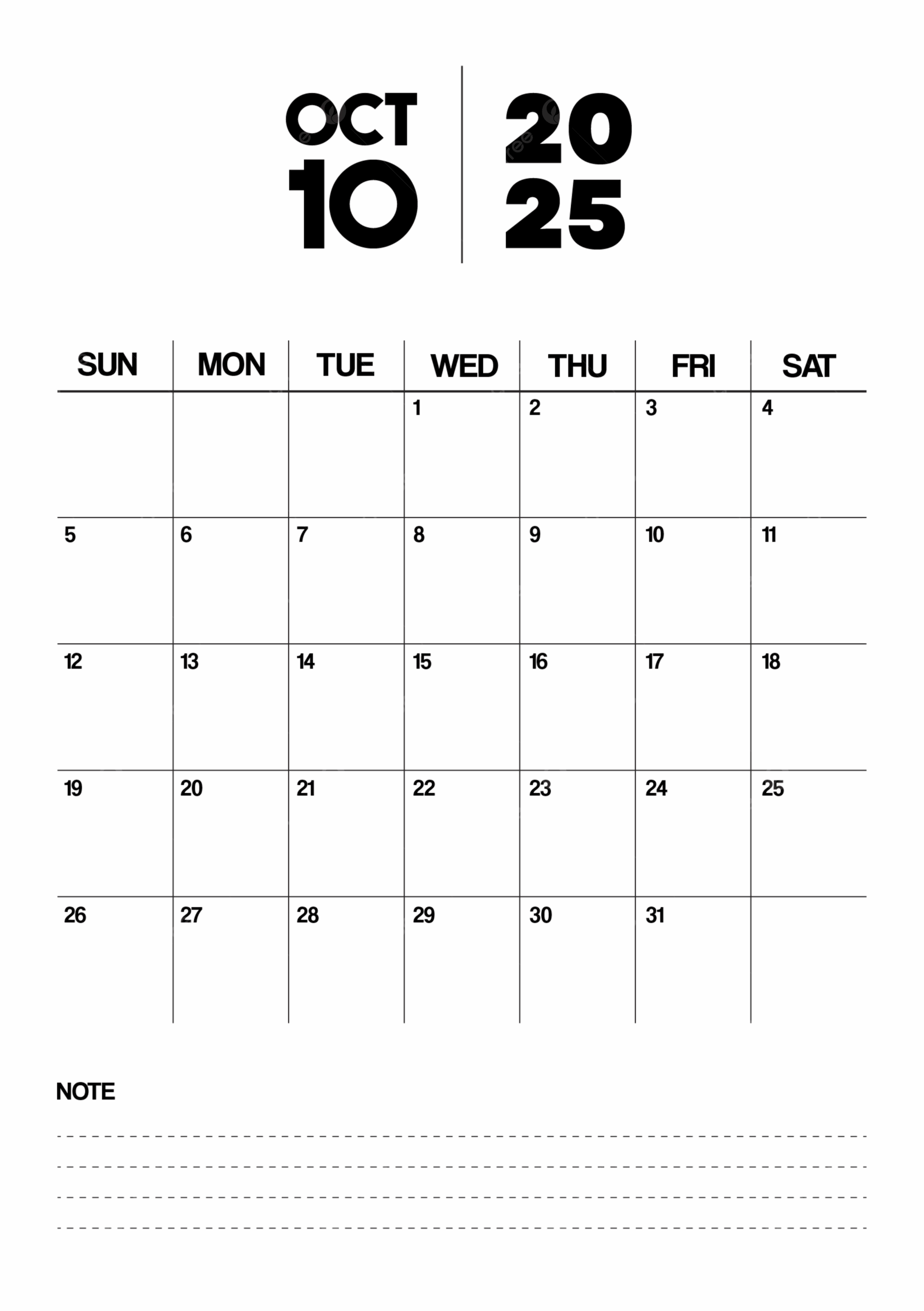 Blank Calendar October 2025 Printable