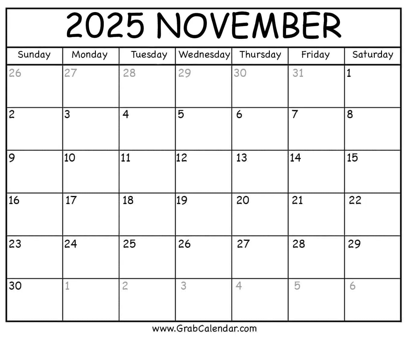 Printable November 2025 Calendar