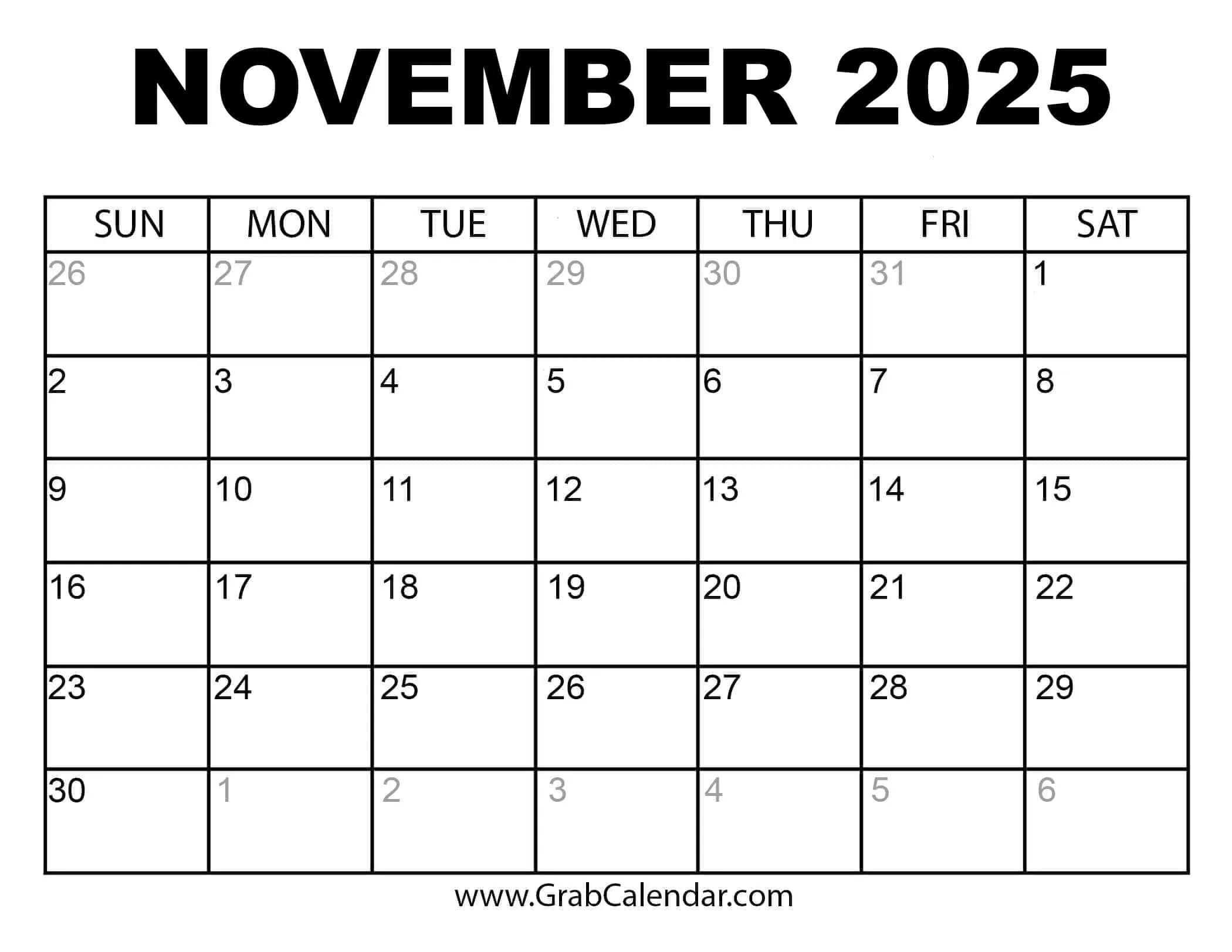 2025 Calendar Printable November