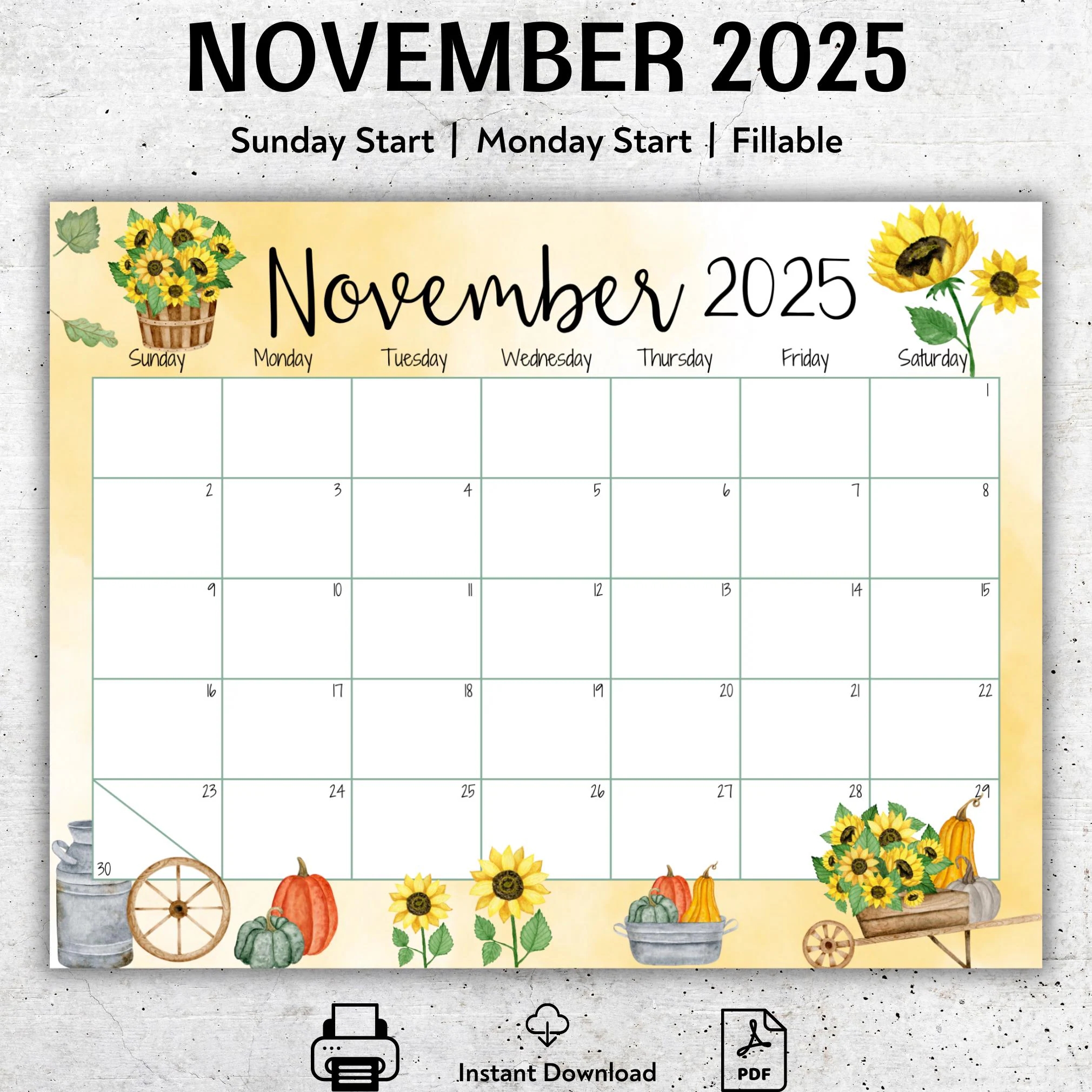 Printable November 2025 Calendar November Planner Fillable Calendar Monthly Schedule For Kids Calendar For Women Beautiful Sunflowers Etsy