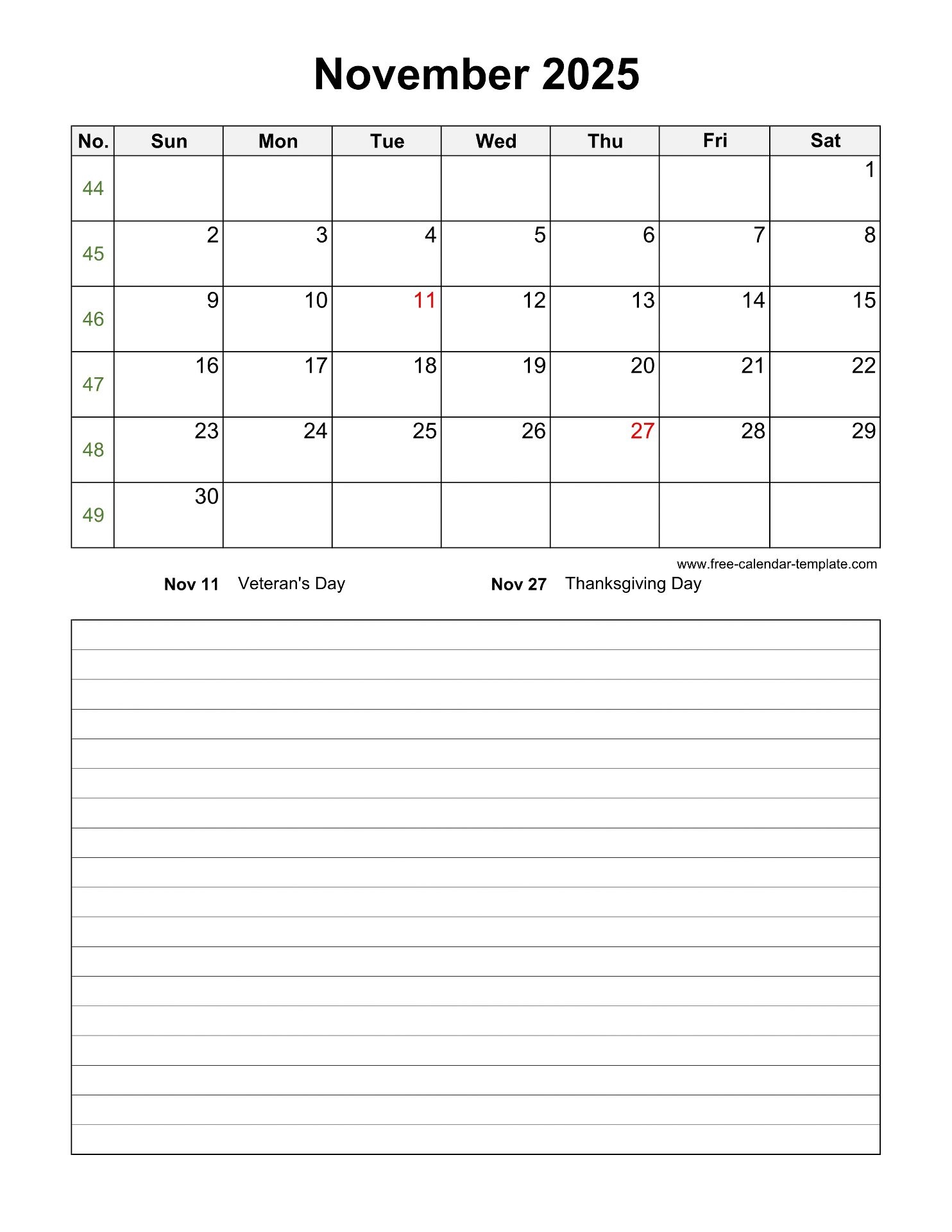 Printable November 2025 Calendar With Space For Appointments vertical Free calendar template