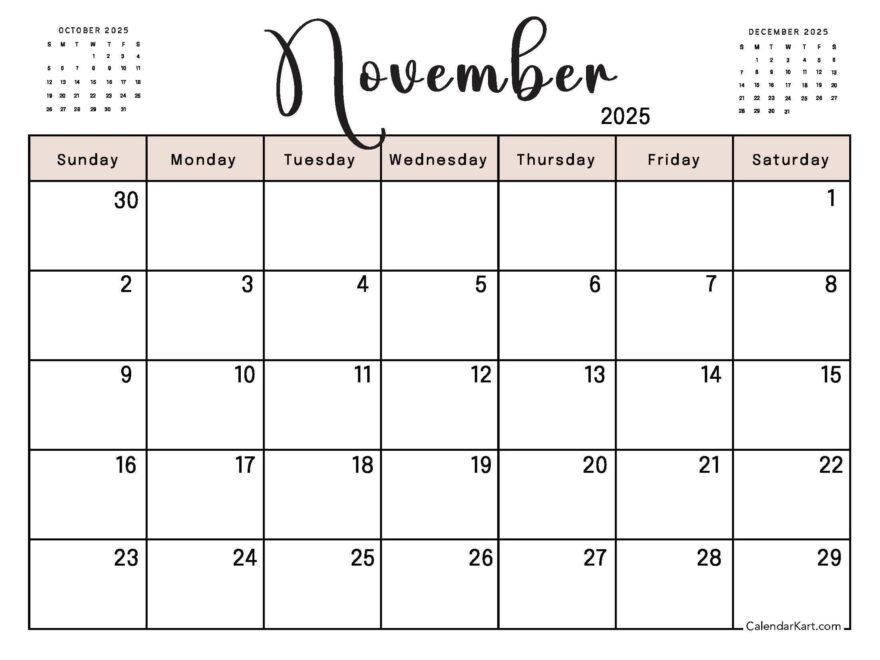 Printable November 2025 Calendars Free Pdf CalendarKart