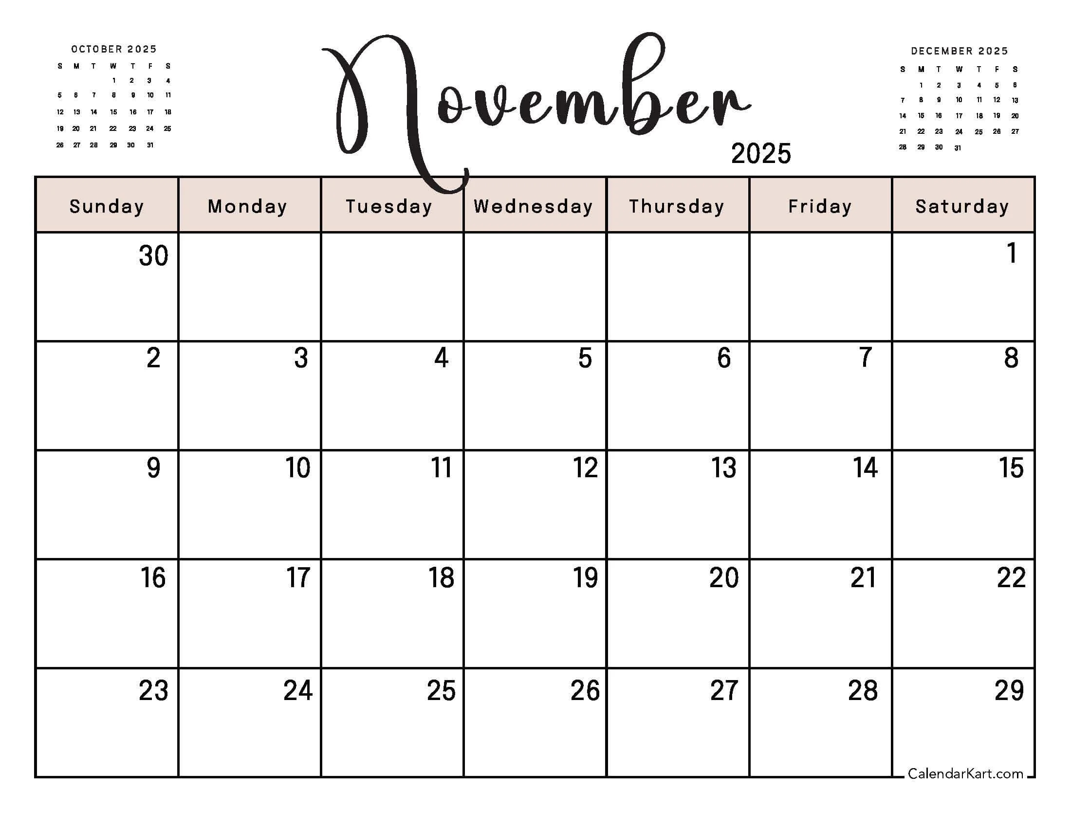 Printable November 2025 Calendars Free Pdf CalendarKart