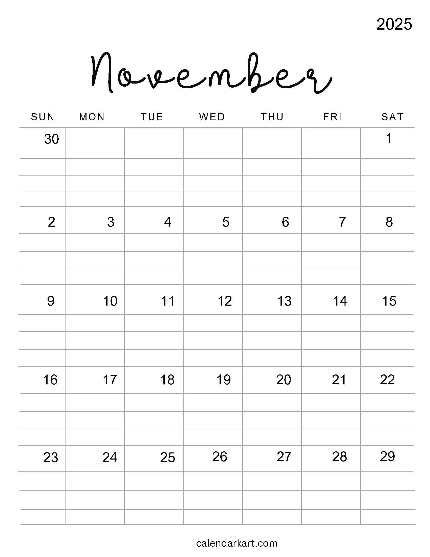 Printable November 2025 Calendars Free Pdf CalendarKart