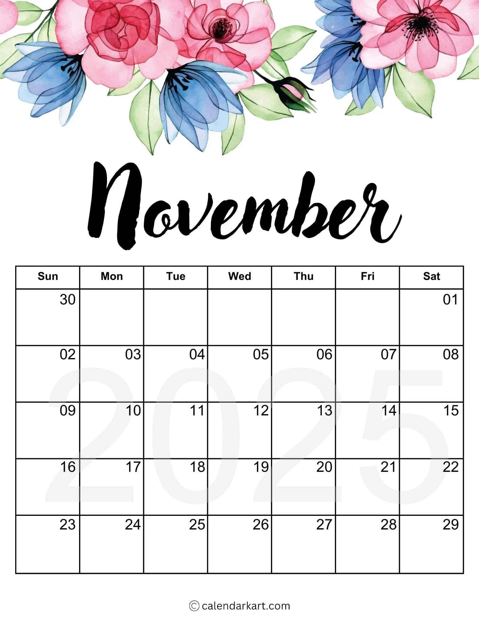 November 2025 Calendar Printable Kids
