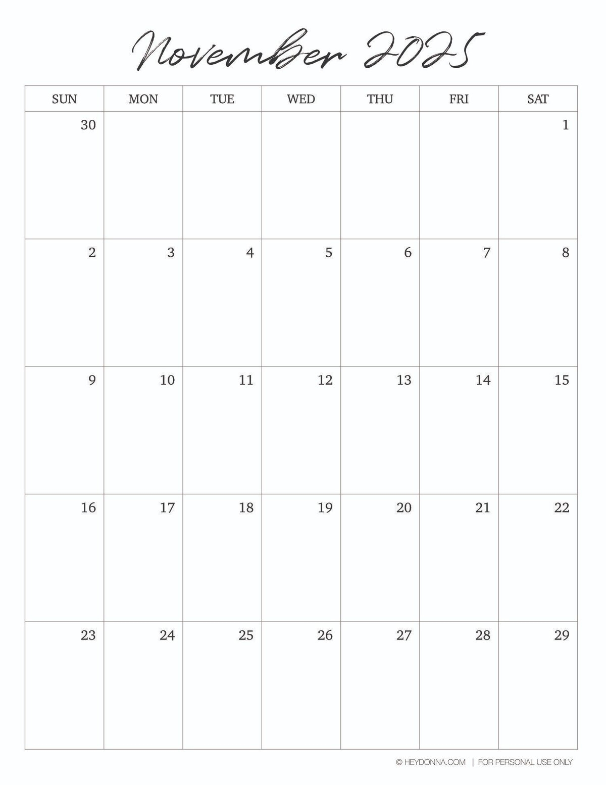 Cute November 2025 Calendar Printable