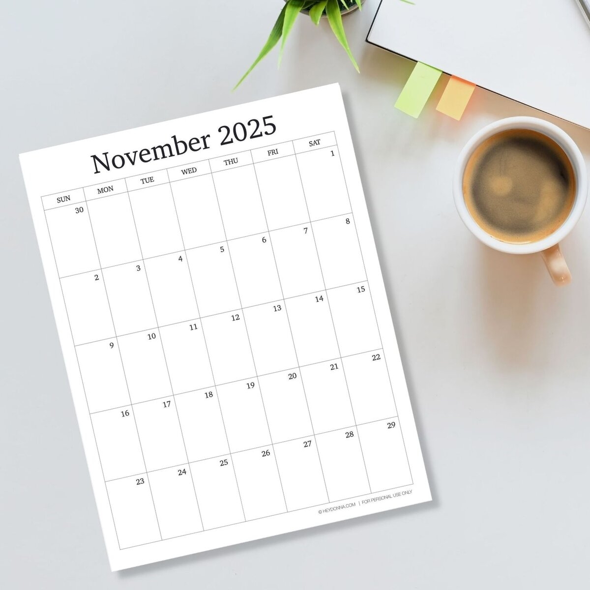 Printable November 2025 Monthly Calendar