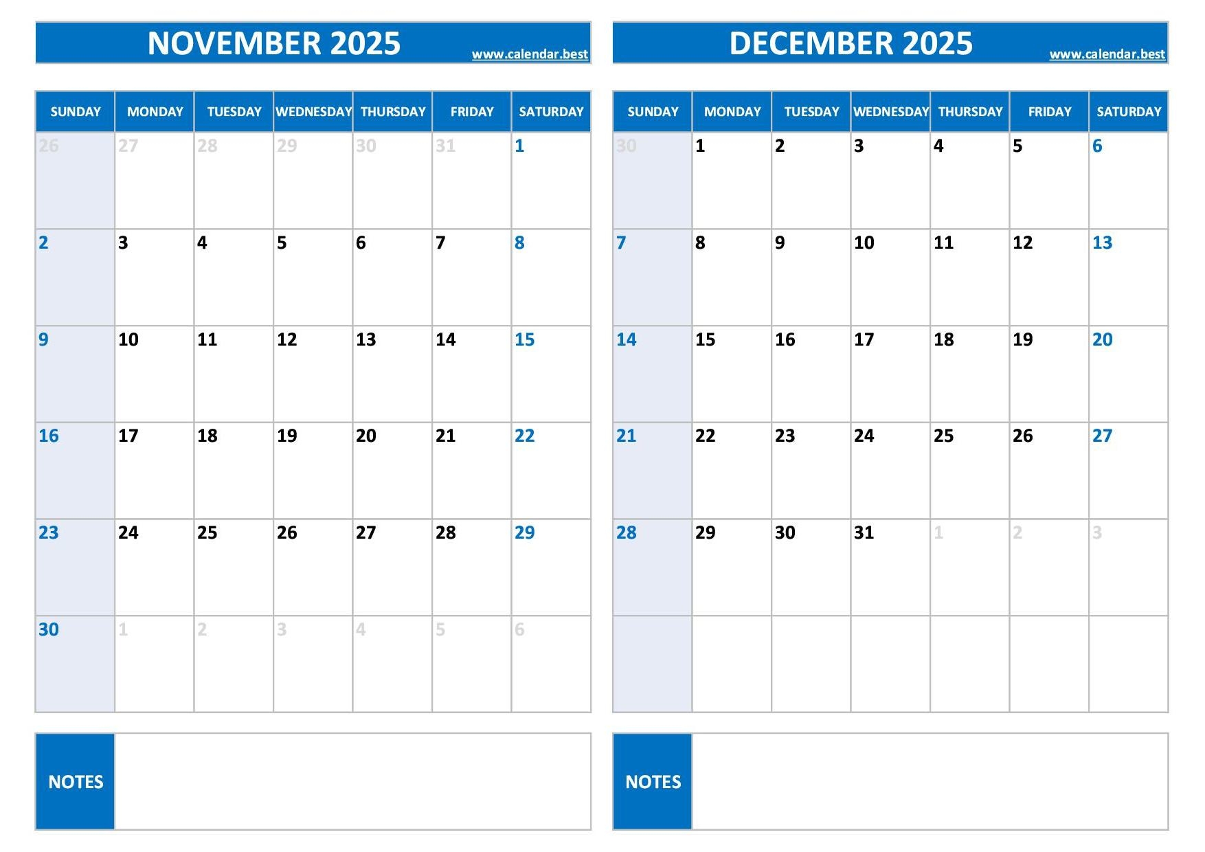 Printable November And December 2025 Calendar Free PDF JPG Downloads