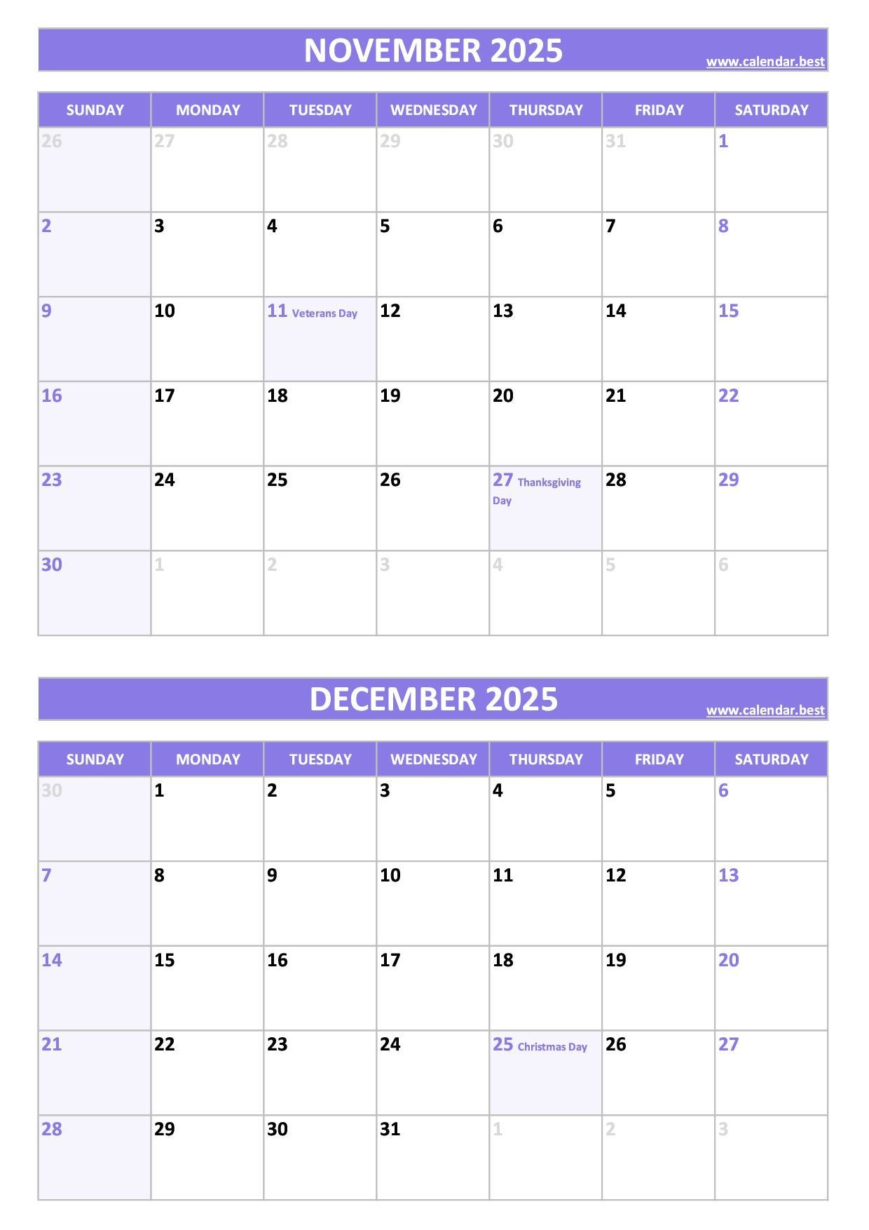 Printable November And December 2025 Calendar Free PDF JPG Downloads