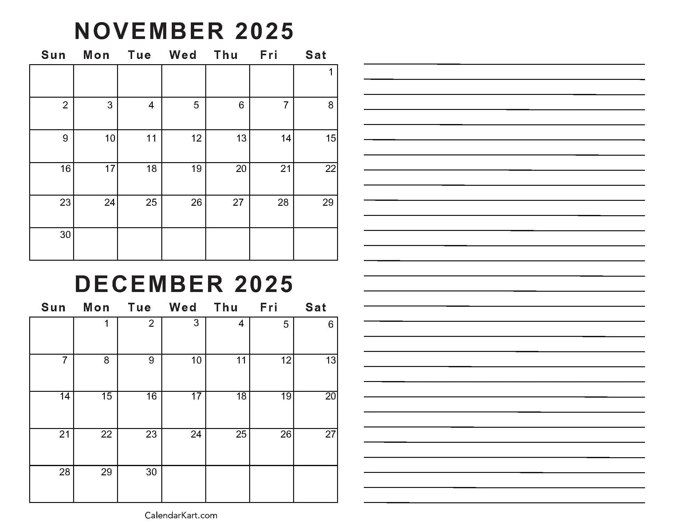 November December 2025 Calendar