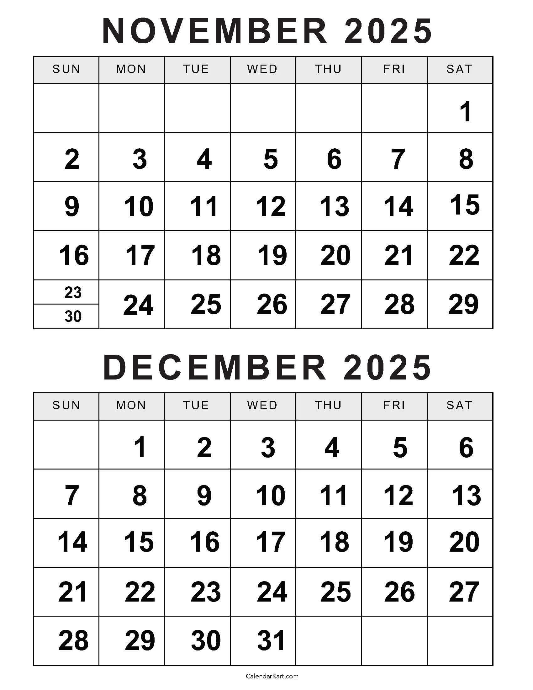 Printable November December 2025 Calendars Calendarkart