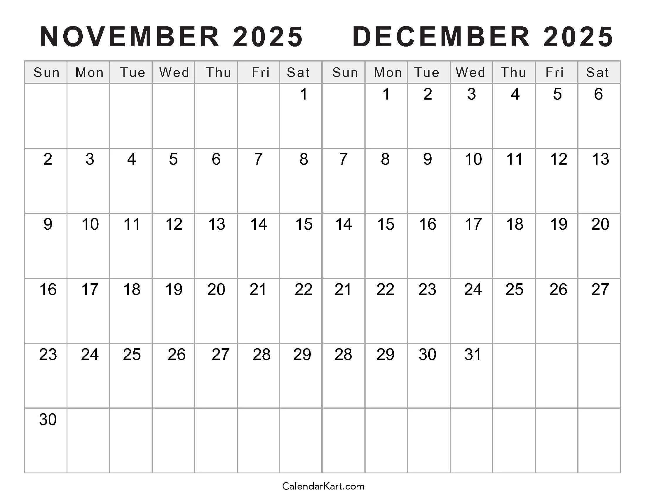 Printable November December 2025 Calendars Calendarkart