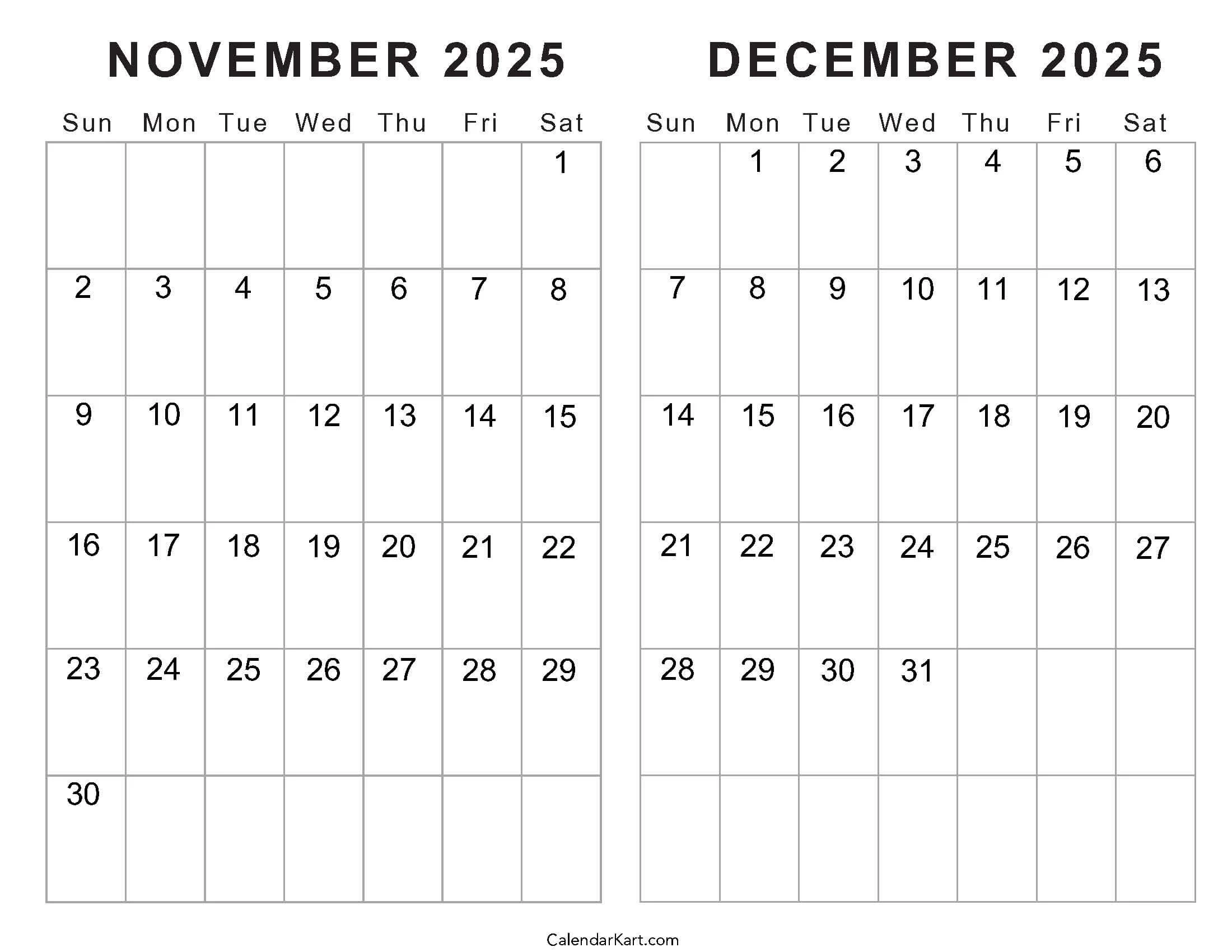 November And December Calendar 2025