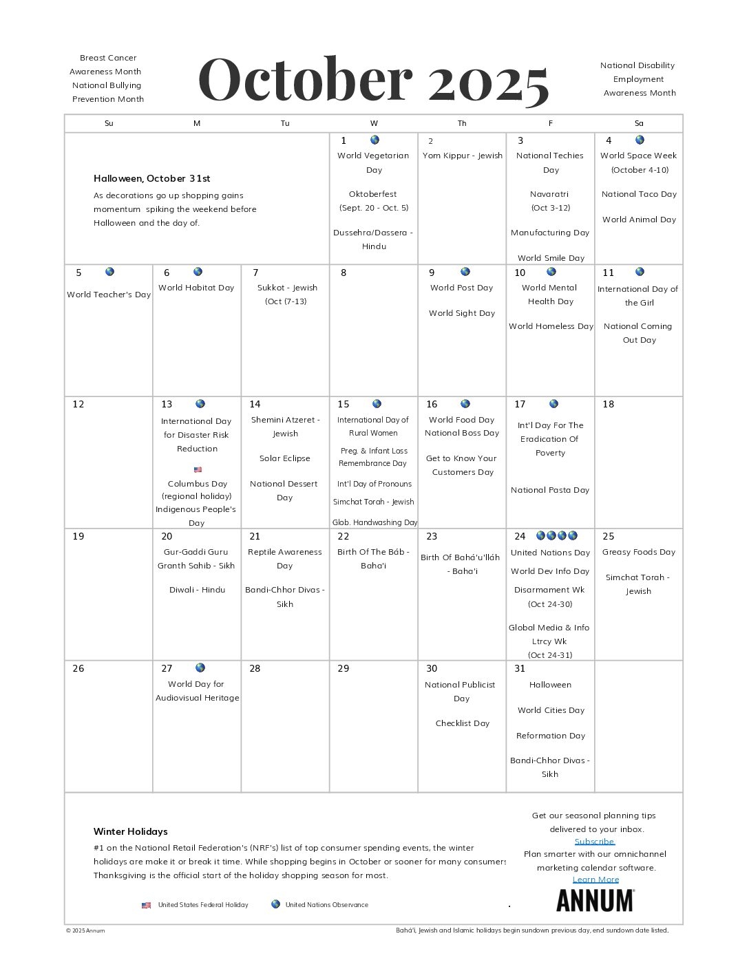 Printable October 2025 Calendar October Holidays Annum