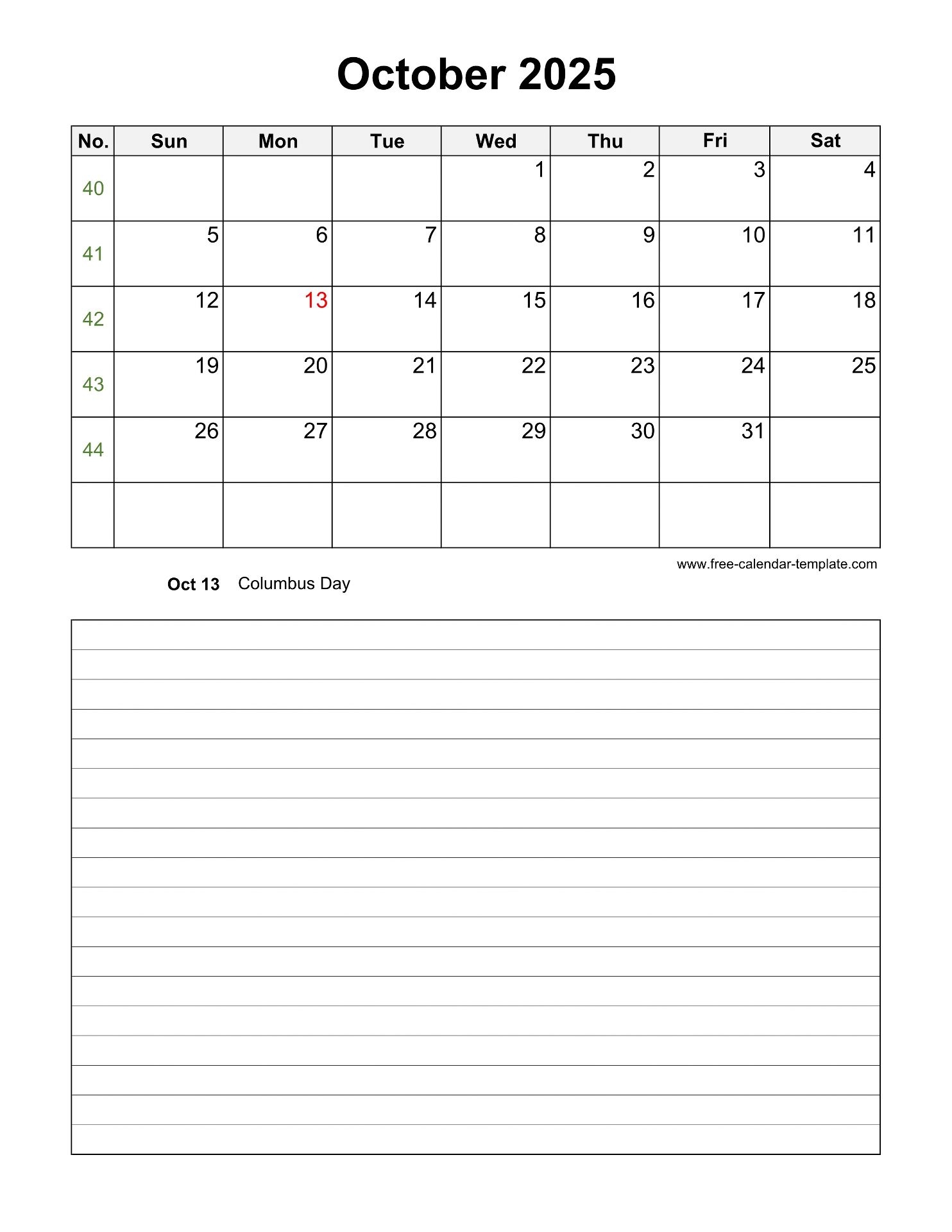 Printable October 2025 Calendar With Space For Appointments vertical Free calendar template