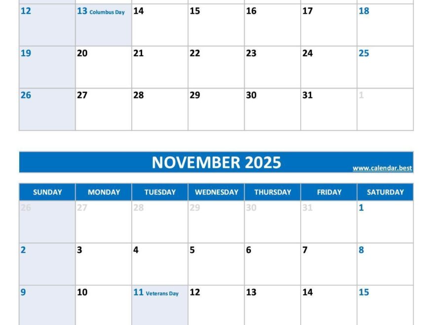Printable October And November 2025 Calendar Free PDF JPG Downloads