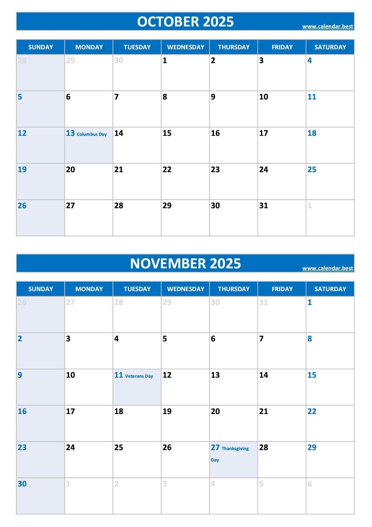 Printable October And November 2025 Calendar Free PDF JPG Downloads