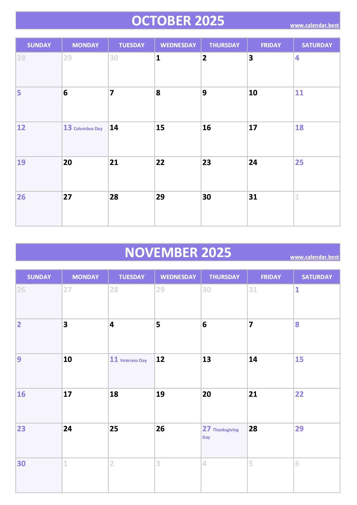 Printable October And November 2025 Calendar Free PDF JPG Downloads