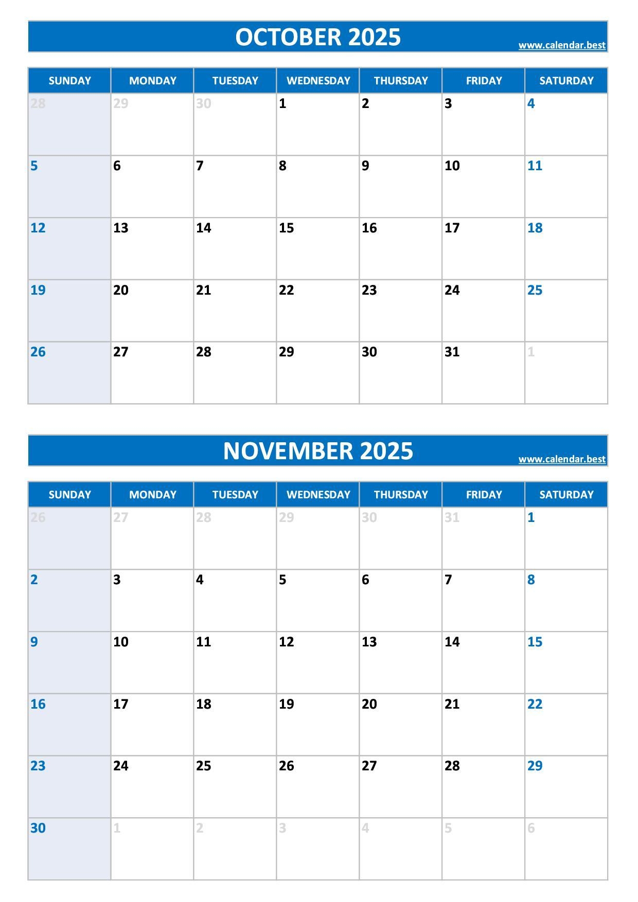 Printable October And November 2025 Calendar Free PDF JPG Downloads