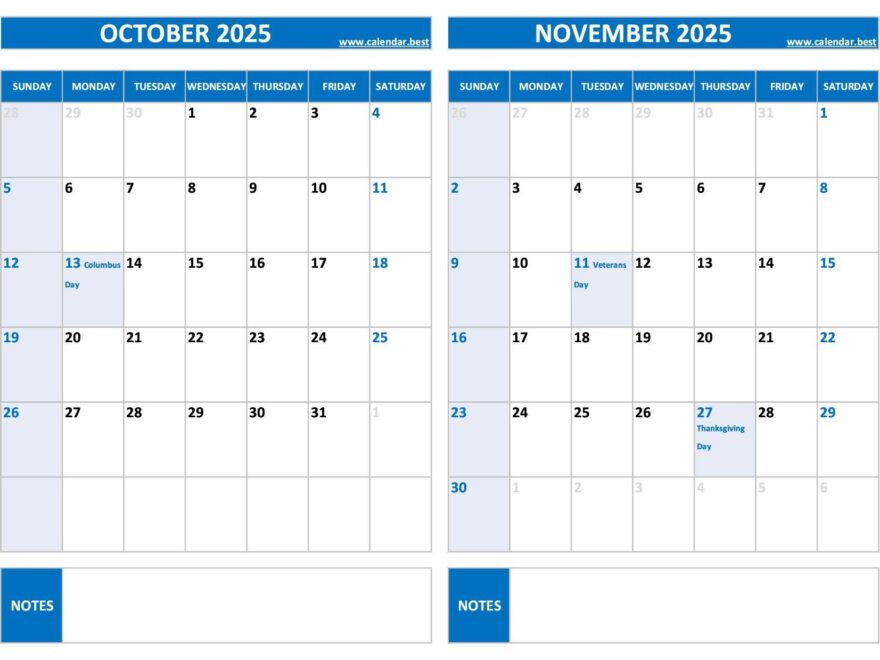 Printable October And November 2025 Calendar Free PDF JPG Downloads