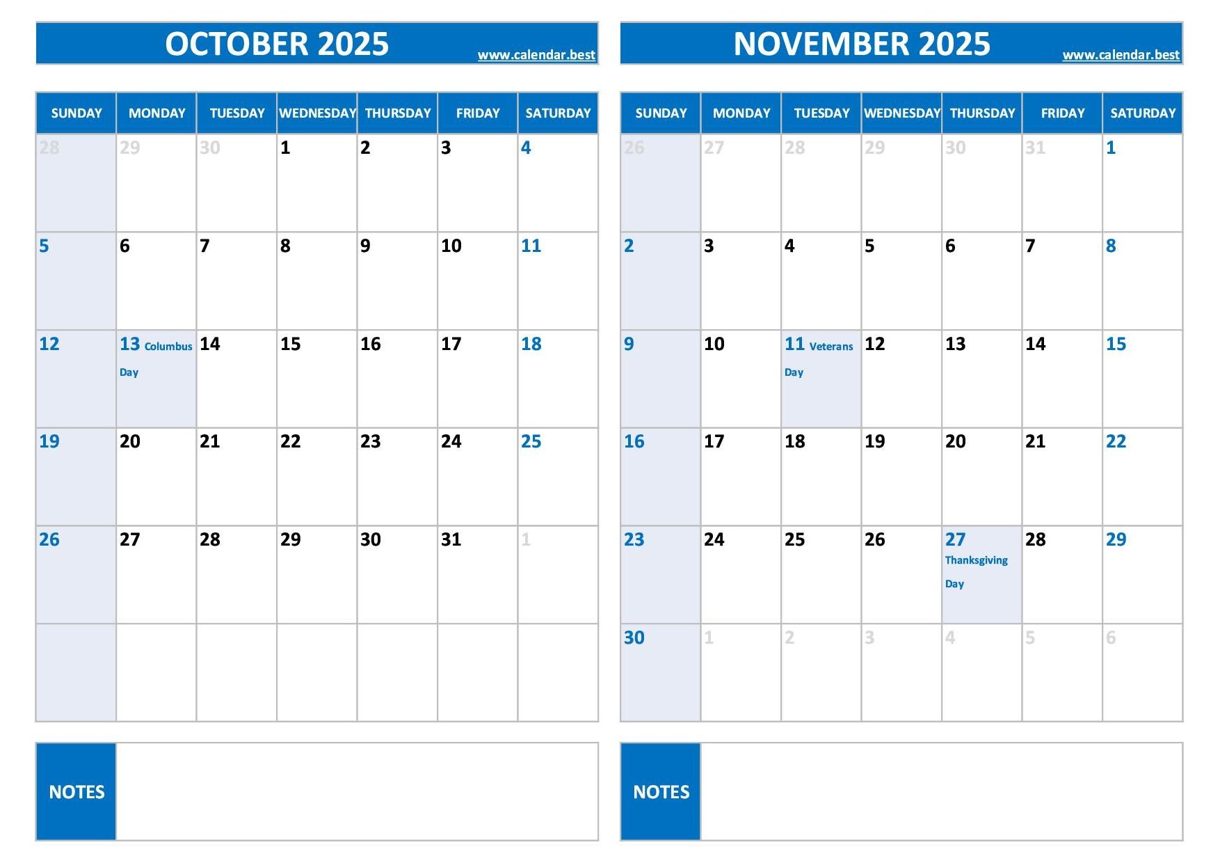 Printable October And November 2025 Calendar Free PDF JPG Downloads