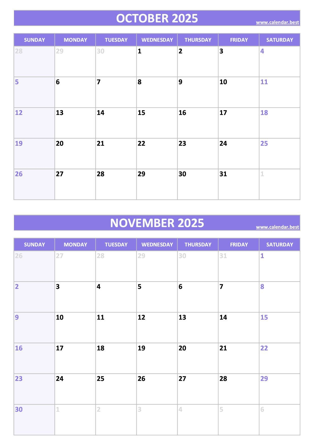 Printable October And November 2025 Calendar Free PDF JPG Downloads