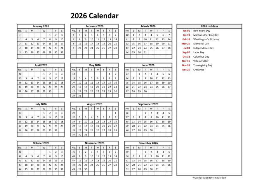 Printable Yearly Calendar 2026 Free calendar template