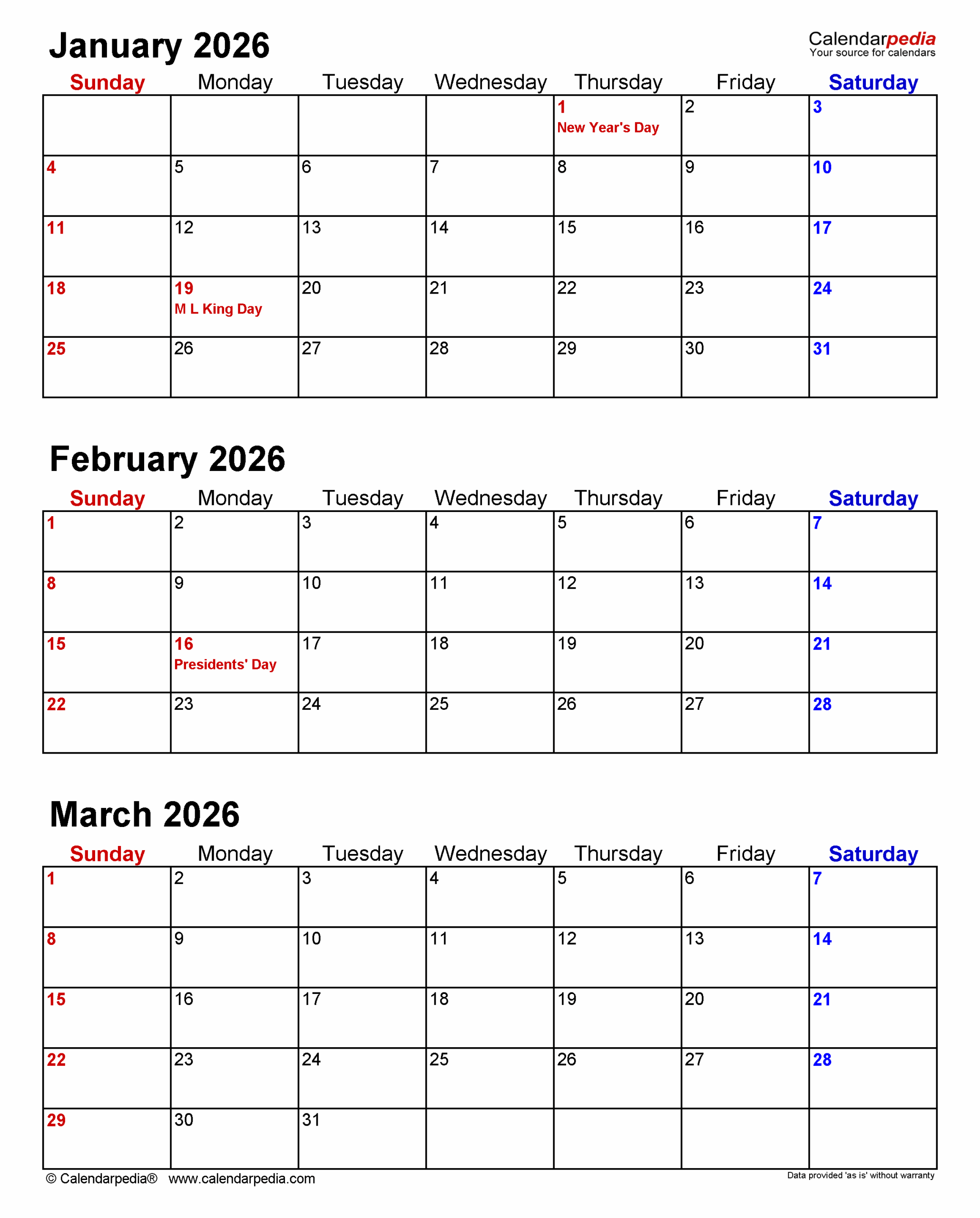 Printable Quarterly Calendar 2026