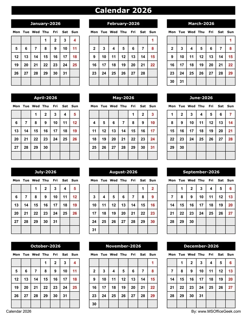 Ready To Use Printable Calendar 2026 MSOfficeGeek
