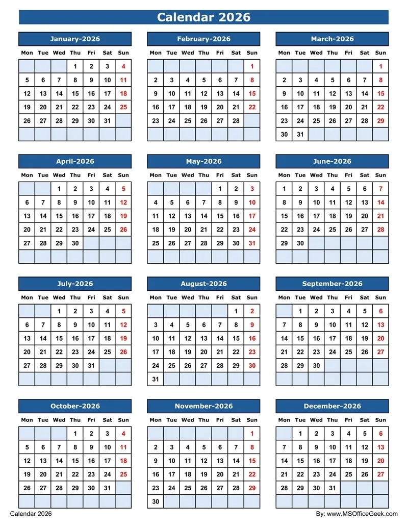 Open Office Weekly Calendar 2026 Printable