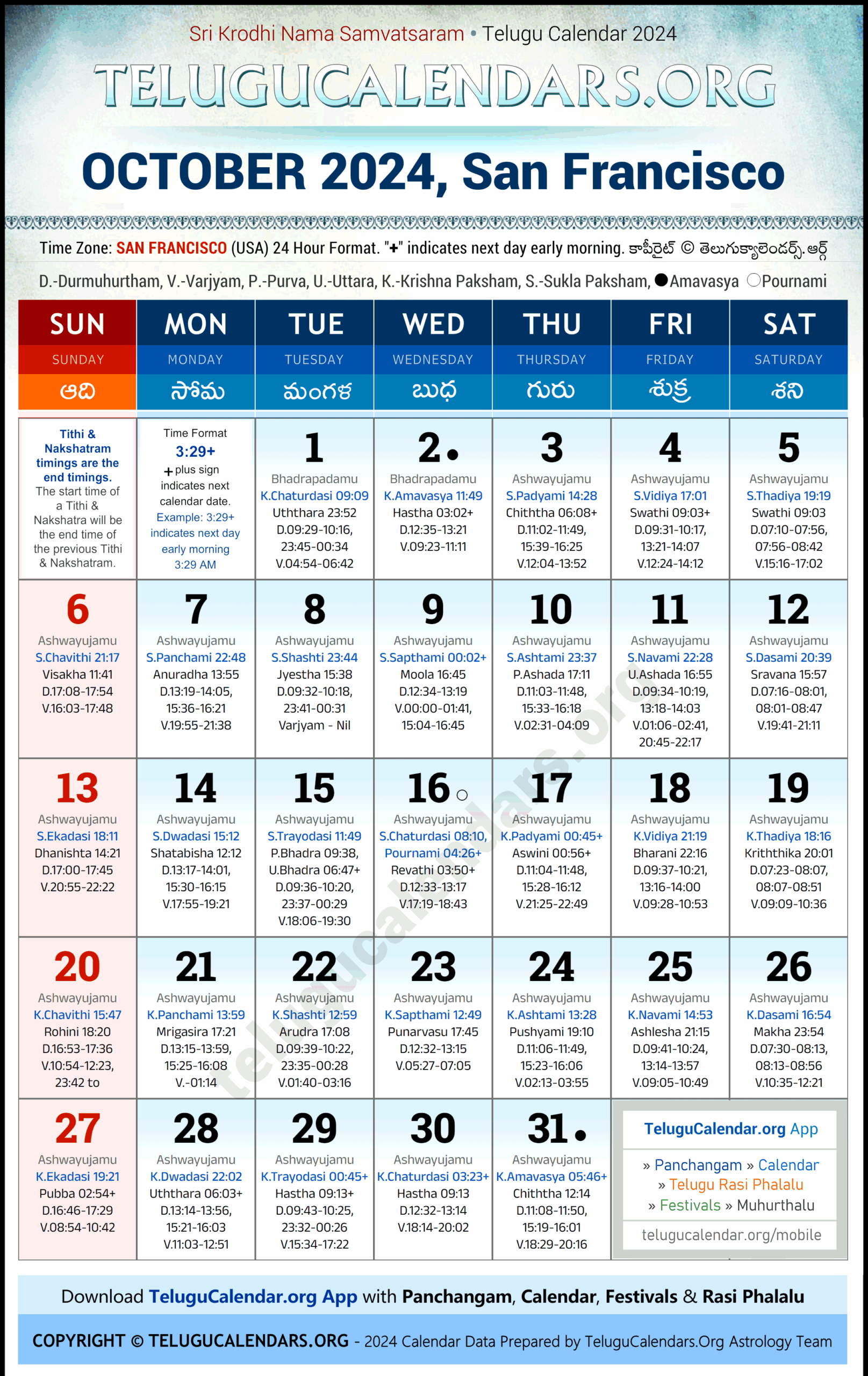 San Francisco 2024 October Telugu Calendar Festivals Holidays In English PDF Download