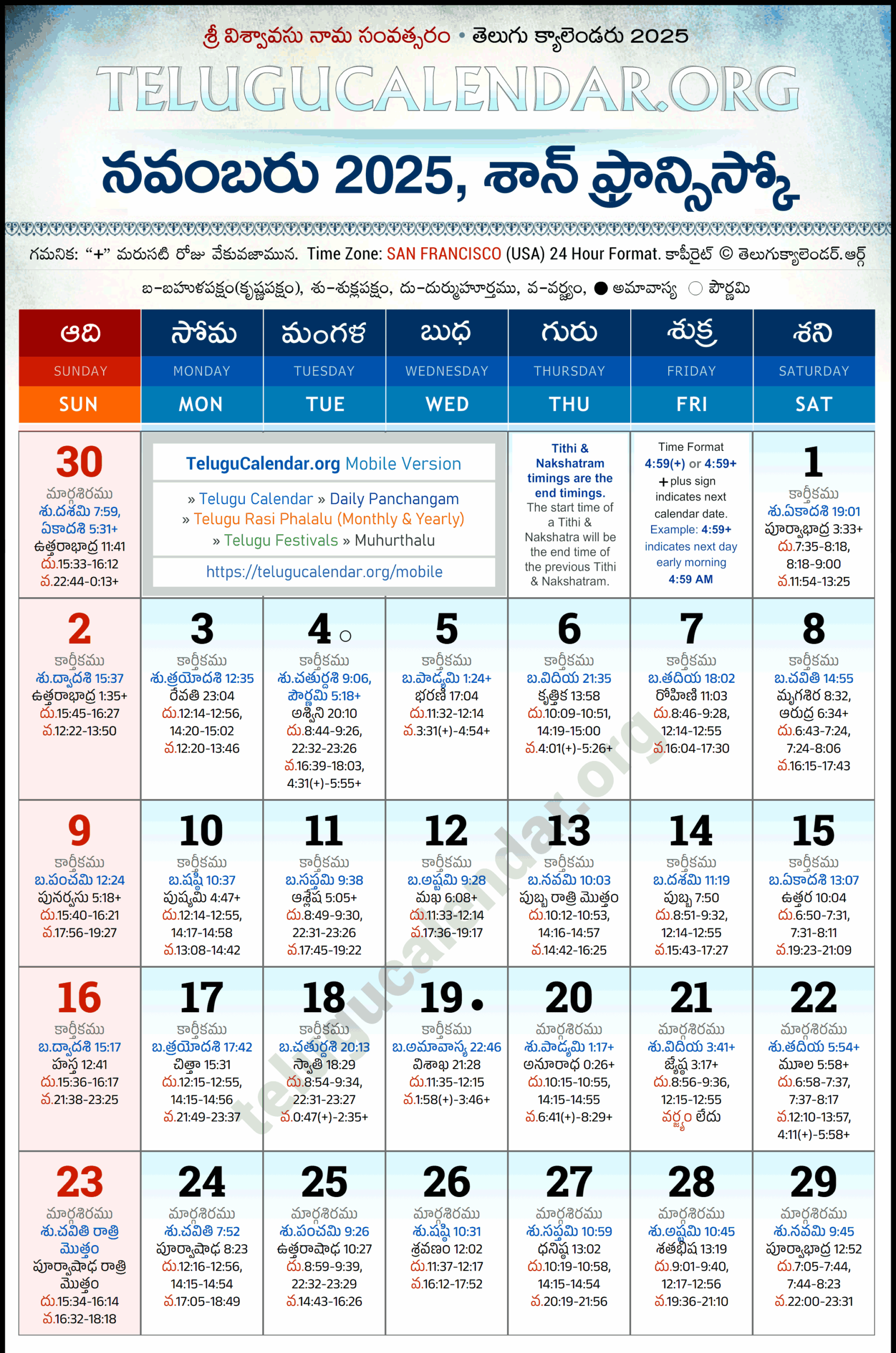 San Francisco Telugu Calendar 2025 November PDF Festivals