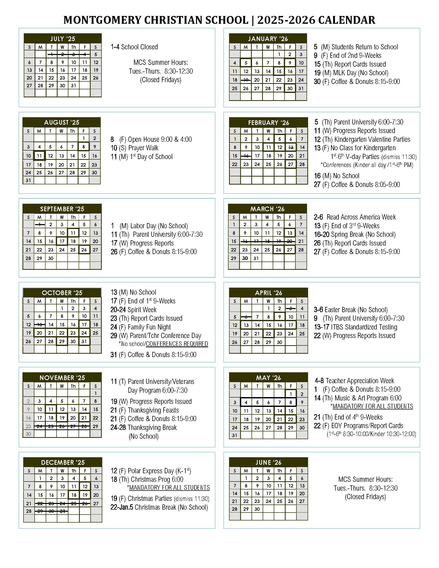 School Calendar Montgomery Christian School