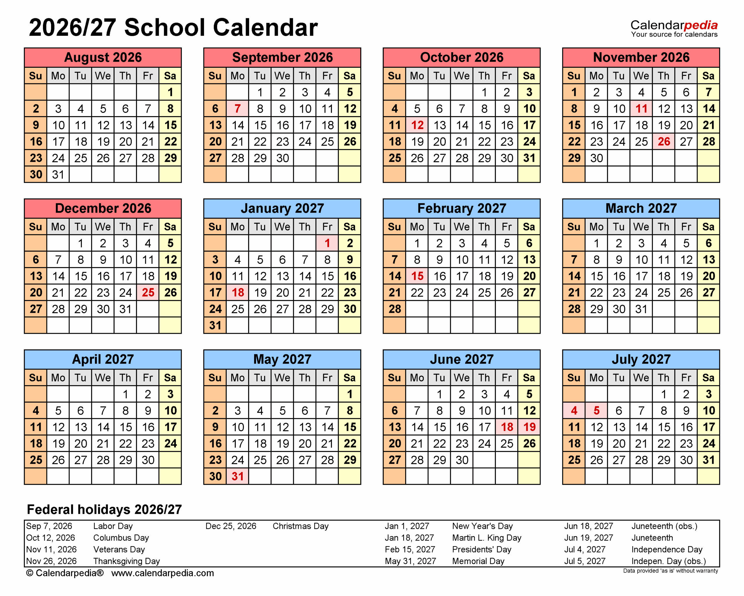 Printable School Calendar 2026-27