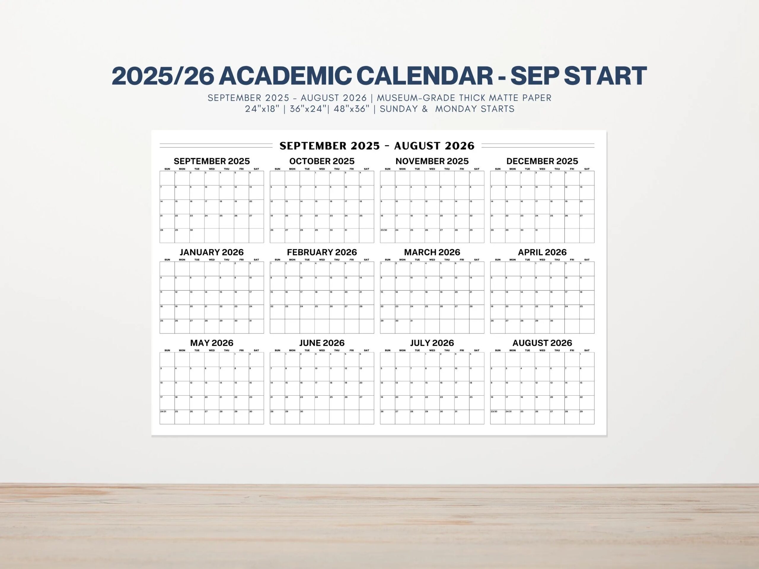 September 2025 Academic Wall Calendar Printed Large Horizontal Year at a glance Planner Sept To Aug 2025 2026 School Year Planner Etsy