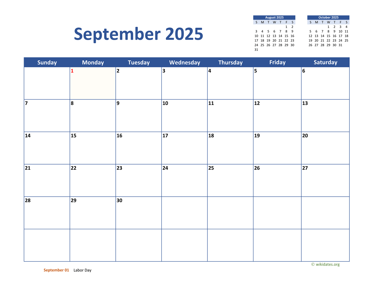 September 2025 Calendar Classic WikiDates