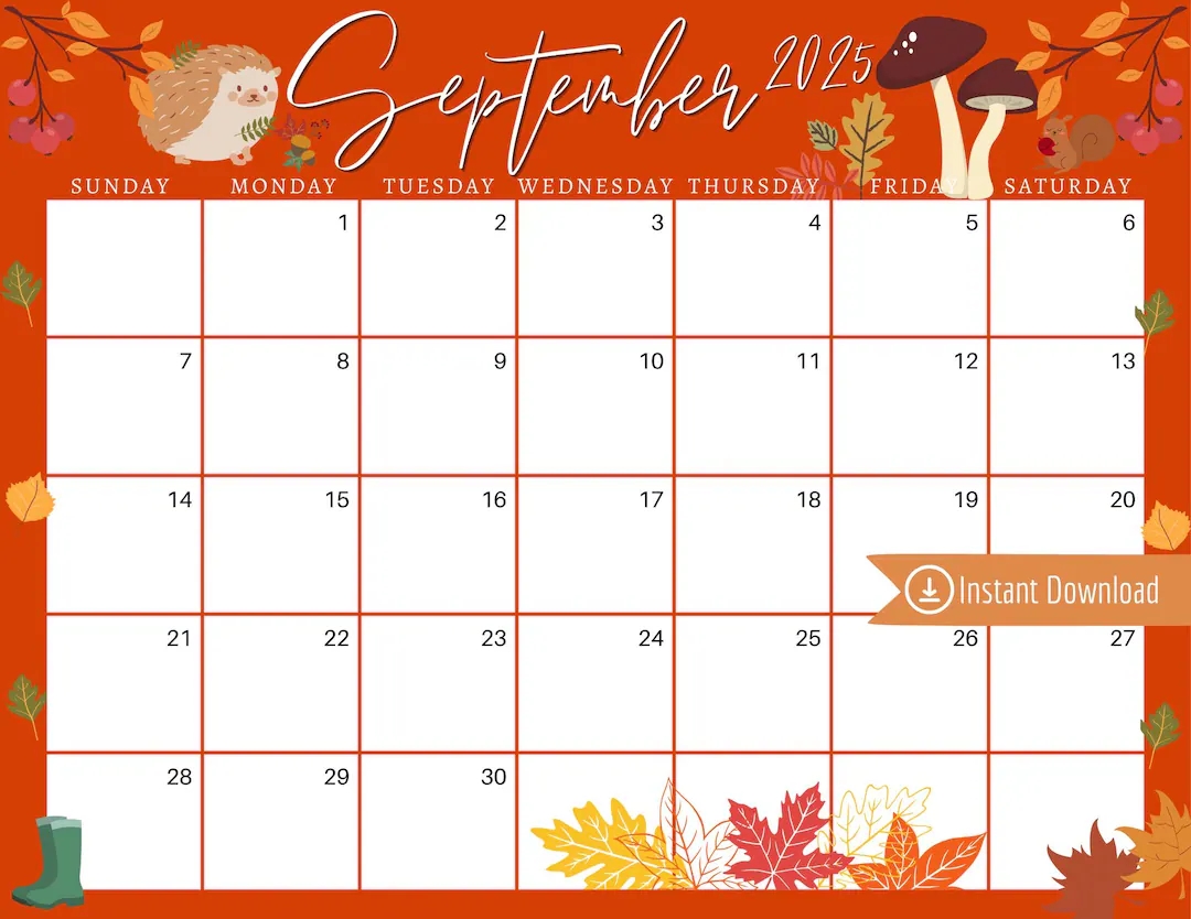 September 2025 Calendar Orange Harvest Leaves Planner digital Download Etsy