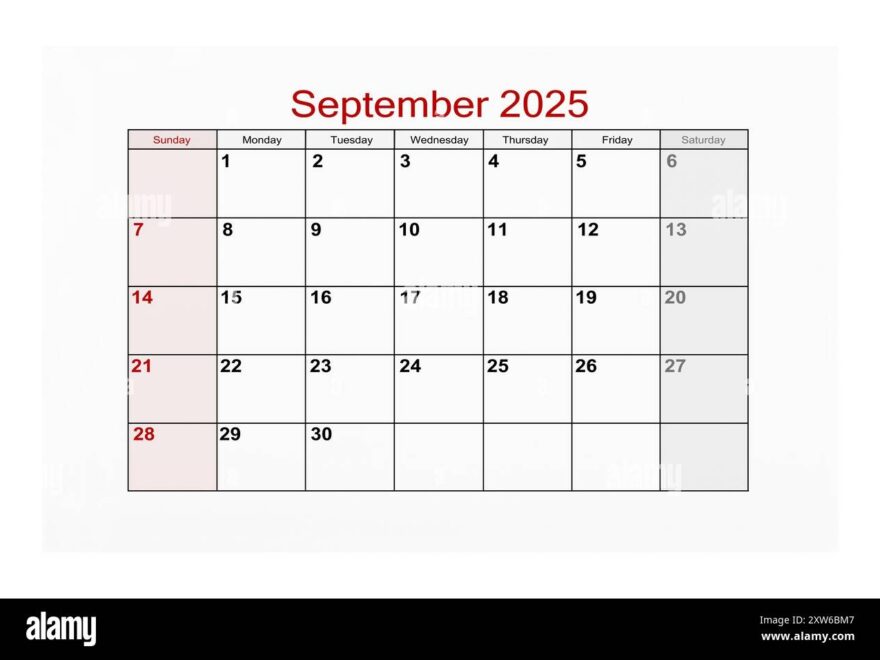 September 2025 Calendar Page For 2025 Year Isolated On White Background Stock Photo Alamy
