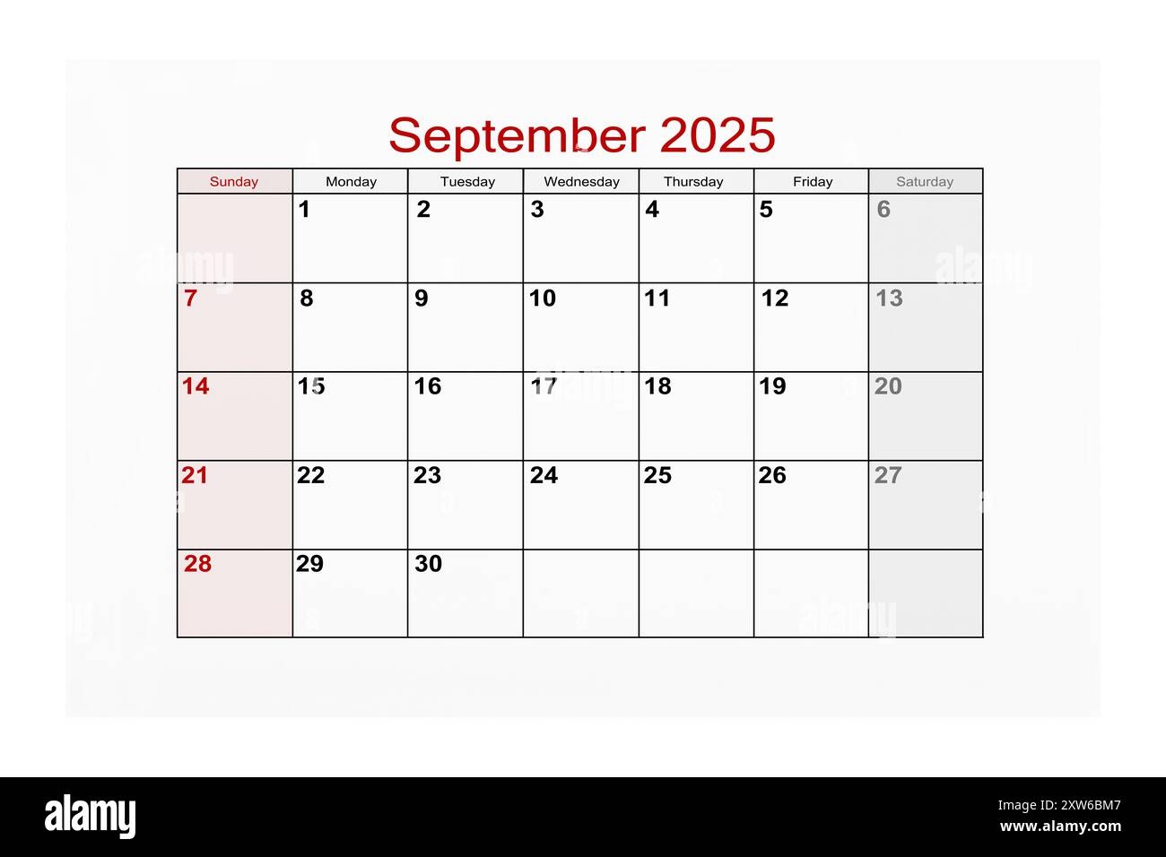 September 2025 Calendar Page For 2025 Year Isolated On White Background Stock Photo Alamy