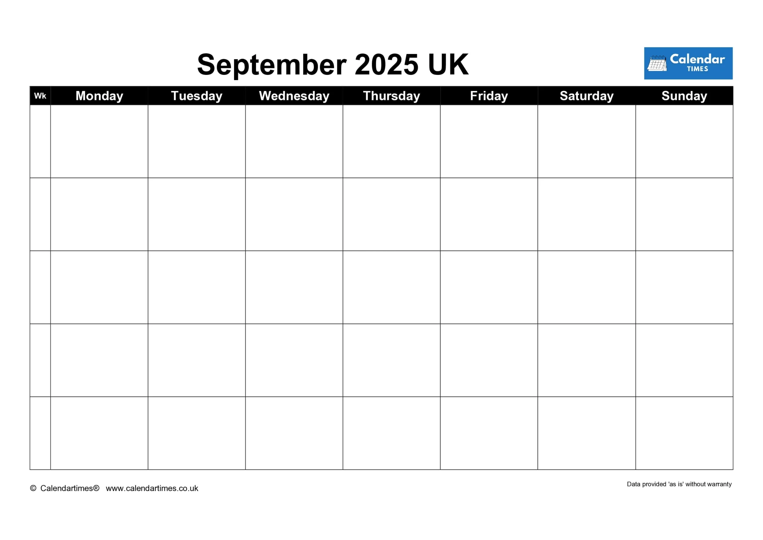 Blank September Calendar 2025 Printable