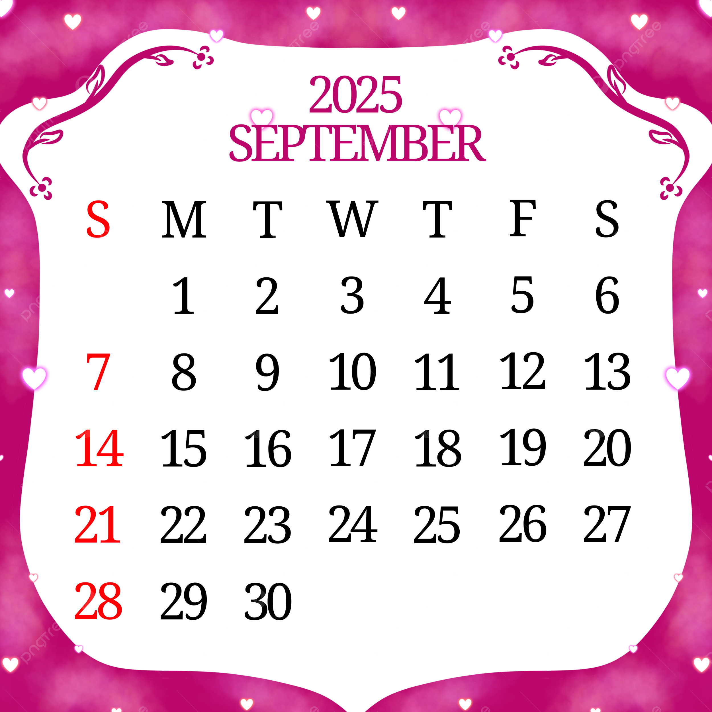 September 2025 Calendar With Aesthetic White Magenta Frame Illustration Template Download On Pngtree