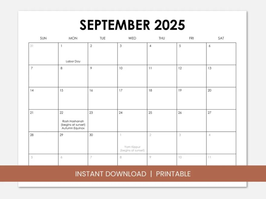 September 2025 Calendar With Holidays Printable Dated September Monthly Calendar Instant Digital Download PDF Sunday Start Monday Start Etsy