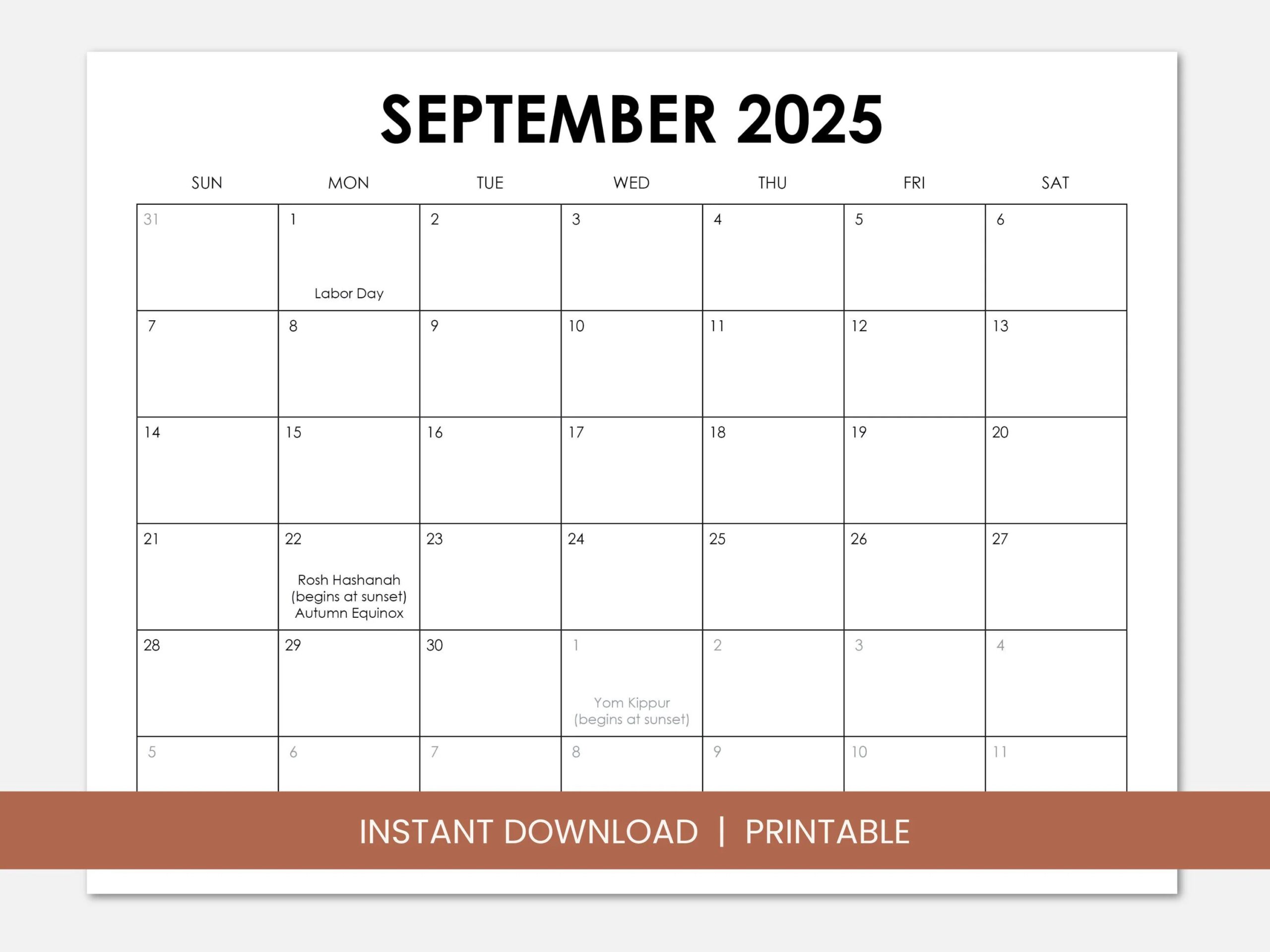 September 2025 Calendar With Holidays Printable Dated September Monthly Calendar Instant Digital Download PDF Sunday Start Monday Start Etsy