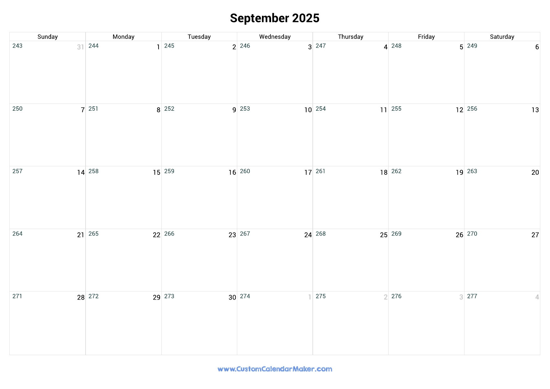 September 2025 Day Number Of The Year Calendar Custom Calendar Maker