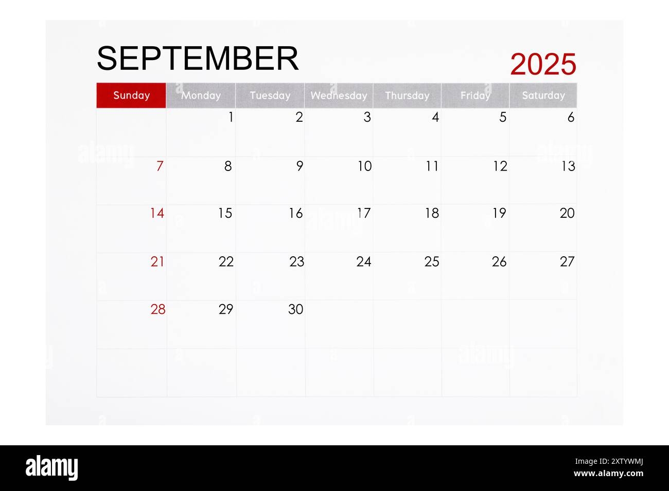 September 2025 Monthly Calendar Page Isolated On White Background Saved Clipping Path Stock Photo Alamy