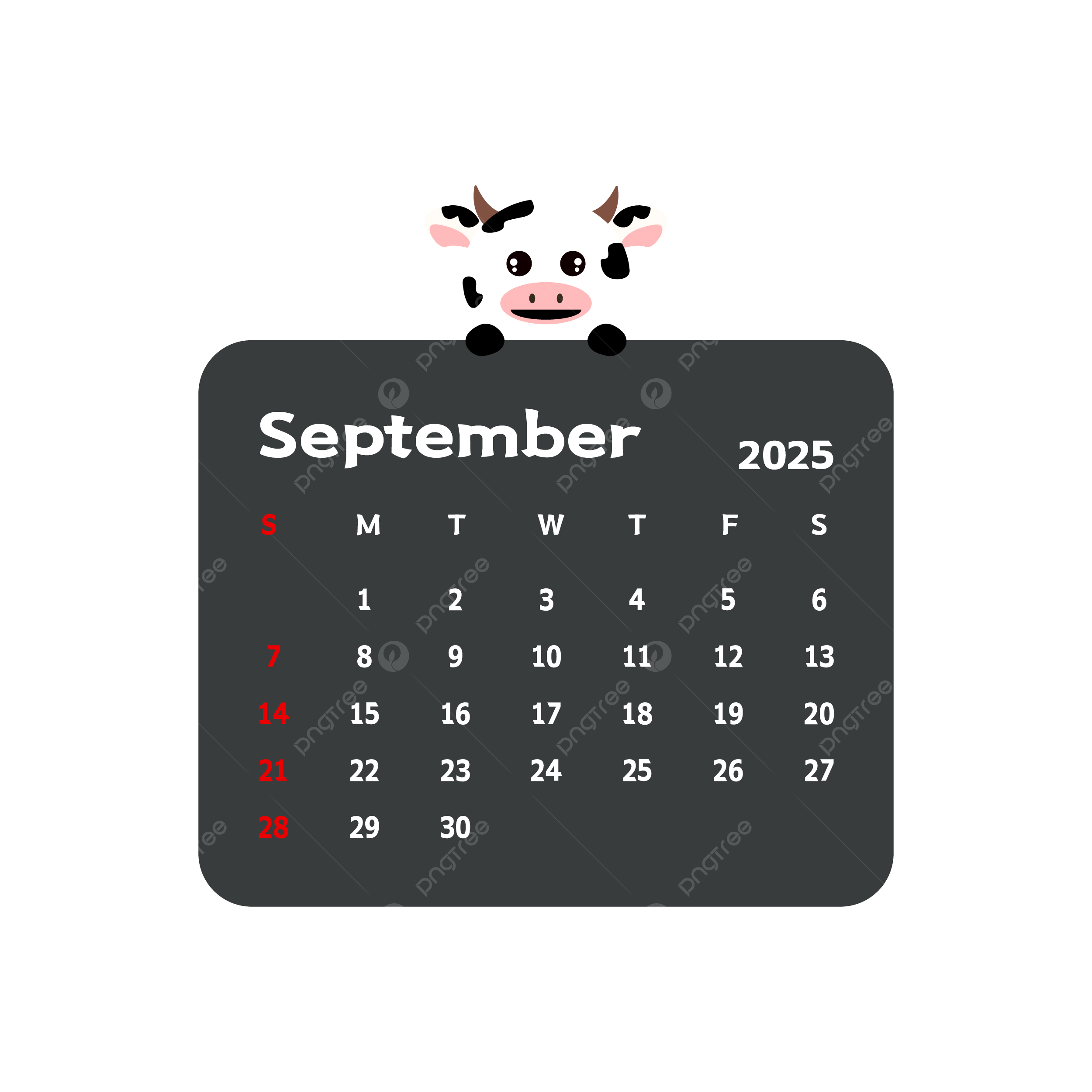 September 2025 Monthly Calendar With Cartoon Cow Vector Cow Clipart Calendar Clipart Cartoon Clipart PNG And Vector With Transparent Background For Free Download