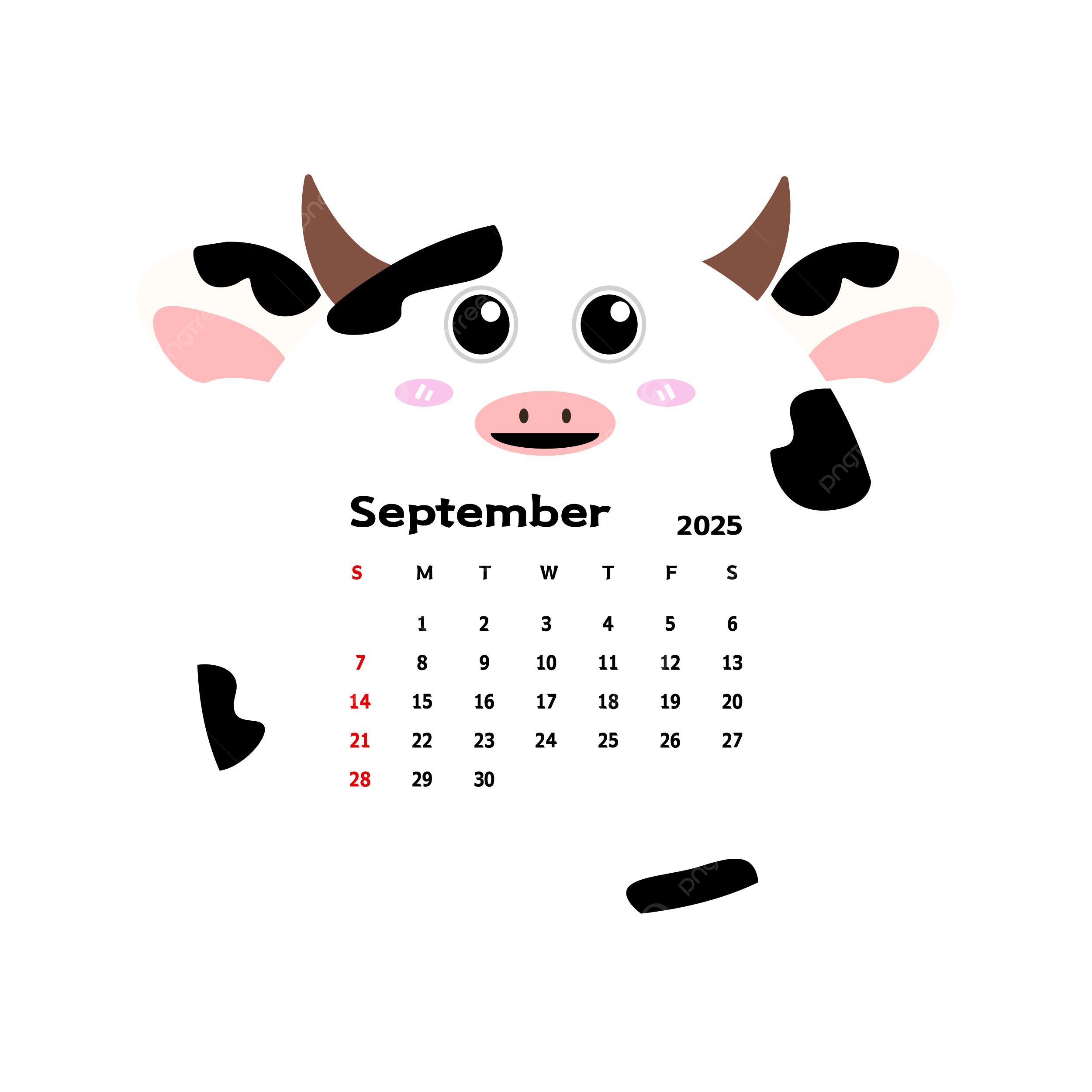 September 2025 Monthly Calendar With Cute Cow Cartoon Vector Cow Clipart Cute Clipart Calendar Clipart PNG And Vector With Transparent Background For Free Download
