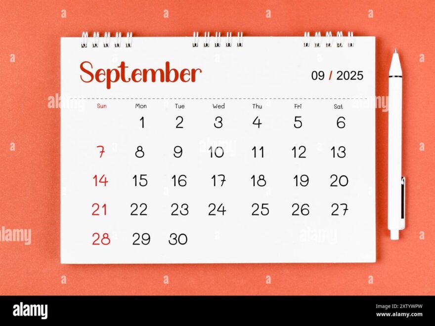 September 2025 Monthly Desk Calendar For 2025 Year And Pen On Red Background Stock Photo Alamy