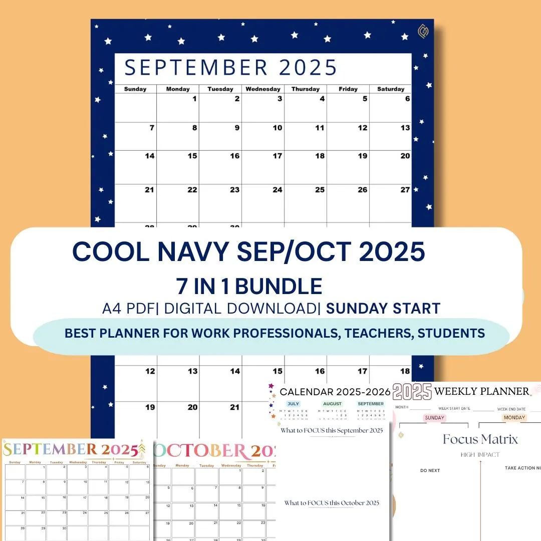 September 2025 October 2025 Calendar 2 Month Organized Planner Bundle For Professionals sunday Start cool Navy A4 PDF Instant Download Etsy