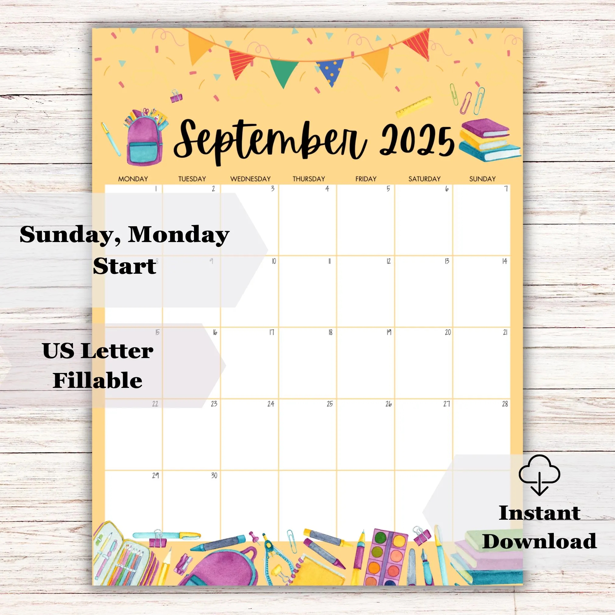 September 2025 Printable Calendar Back to school Theme Homeschool Calendar Teacher Planner Fillable US Letter PDF Instant Download Etsy